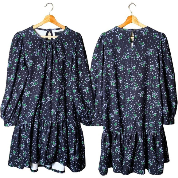 ASOS Women's Sz 10 Tall Balloon Sleeve Floral Print Ruffle Shift Mini Dress Navy - Picture 1 of 16